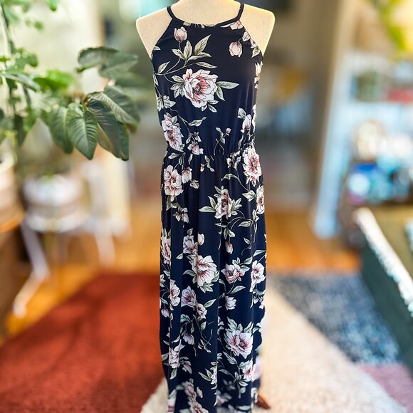 French Grey Navy Blue Floral Maxi Dress – Size M - Picture 1 of 6